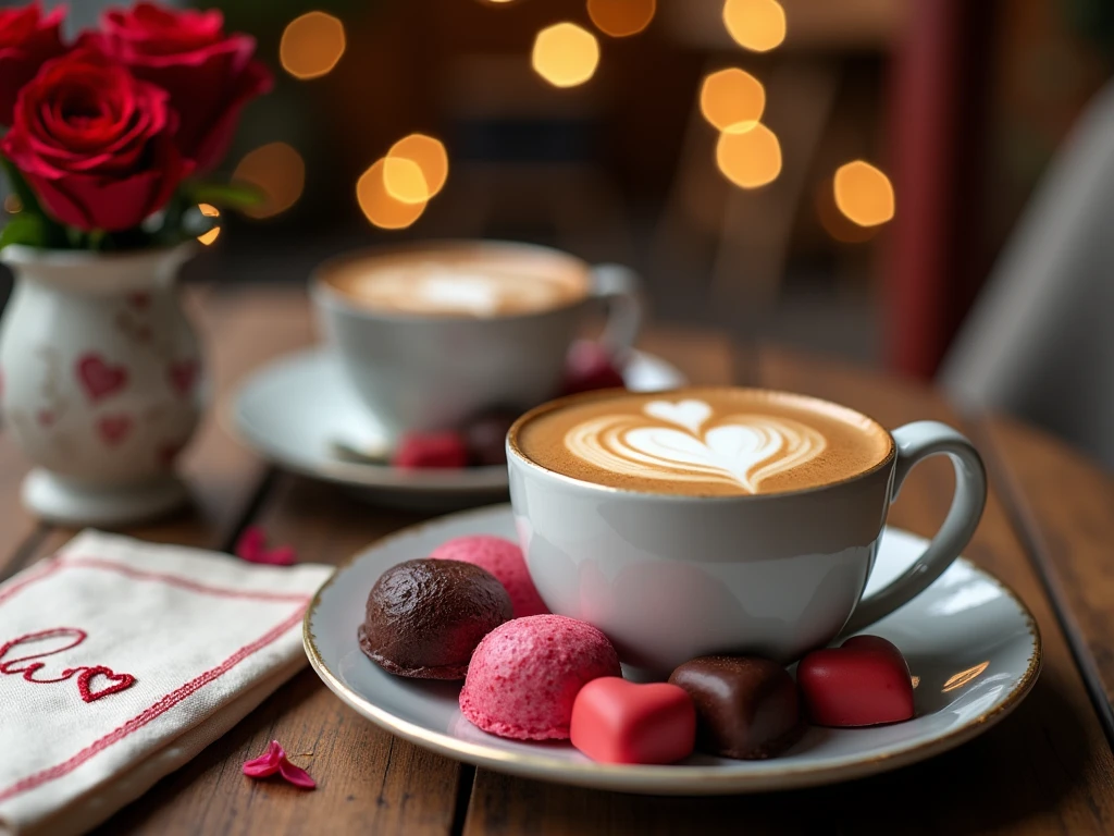 A cozy Valentine's Day café setting featuring a rustic wooden table ...