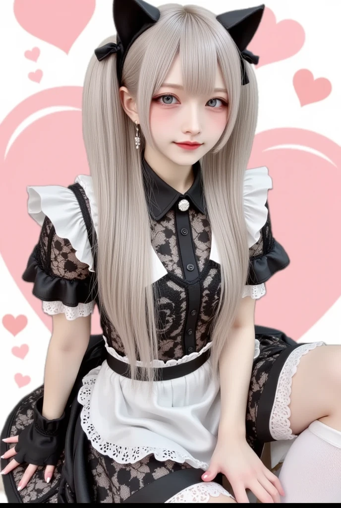 1girl,large breasts,Perfect Face,Silver Hair,Long Hair,two side upprostitution,Sexy Maid Outfits,White knee-high socks,navel
,BREAK Cat Girl,(slit pupils),blue eyes,Beautiful detailed eyes:1.6),between hair,Cat ears,Cat tail,paws,paw gloves,Earrings,Hair Clip
,BREAK blush,smile,sitting,wariza,from above,claw pose
,BREAK highest quality:1.2,Very detailed,masterpiece:1.2,
,BREAK Ruffles and lace,Polka dot pattern,(pink heart background)