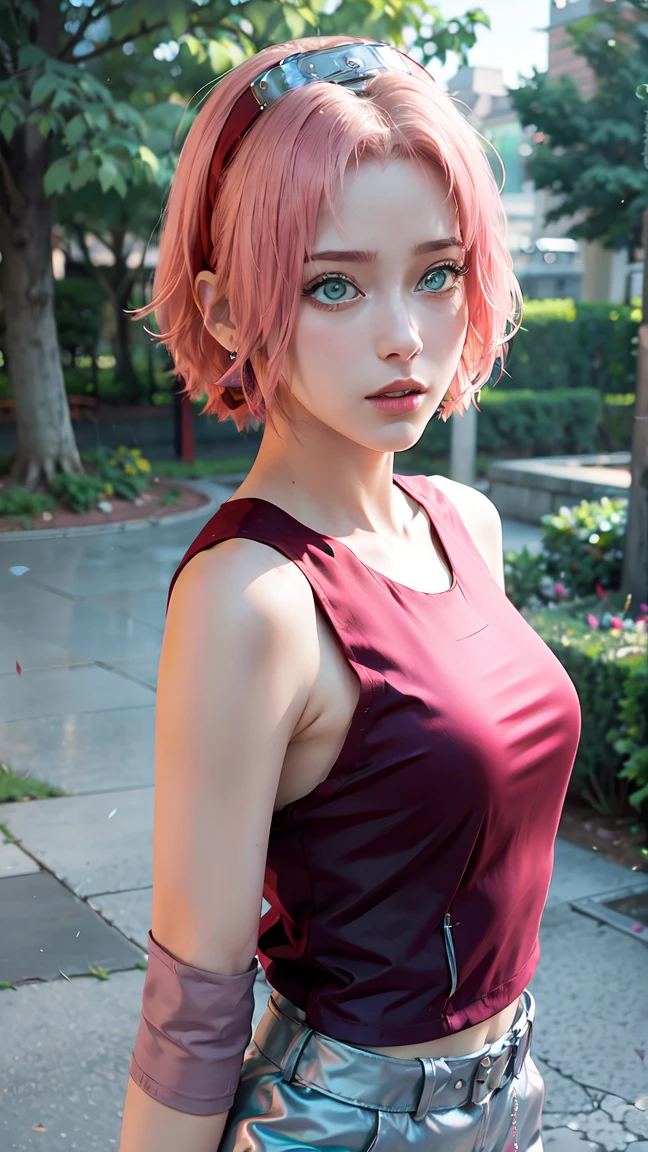 young woman, short shoulder-length pink hair, wide forehead, porcelain skin, pink eyebrows, big emerald green eyes, buttoned nose, full lips, heart-shaped face, slender body, small breasts, red tank top, Sakura Haruno , realistic, realism, details, 3d, well detailed