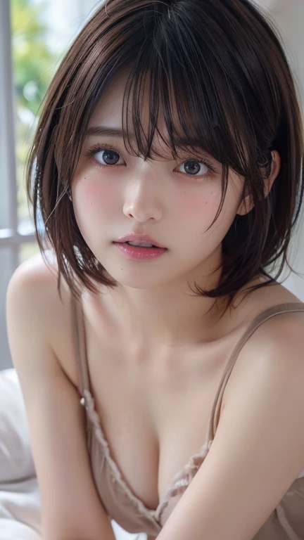 ((masterpiece,  top quality ,  high res)),  1 Japanese Girl , ( realistic : 1.4),  excited、 Amazing Face , glossy lips 、 short hair, Brown Hair、( beautiful hair:1.5), Nightwear、 beautiful legs、 on the bed、staring、 front angle, smooth,  Highly Detailed CG Composite 8K Wallpaper,  high resのRAWカラー写真, Professional photography, light, Backlight,  dreamy, Impressive,  written border depth, ( face close-up :1.5)、 small tits、mole、 selfie、 teardrop bags、 open her mouth 、Armpits
