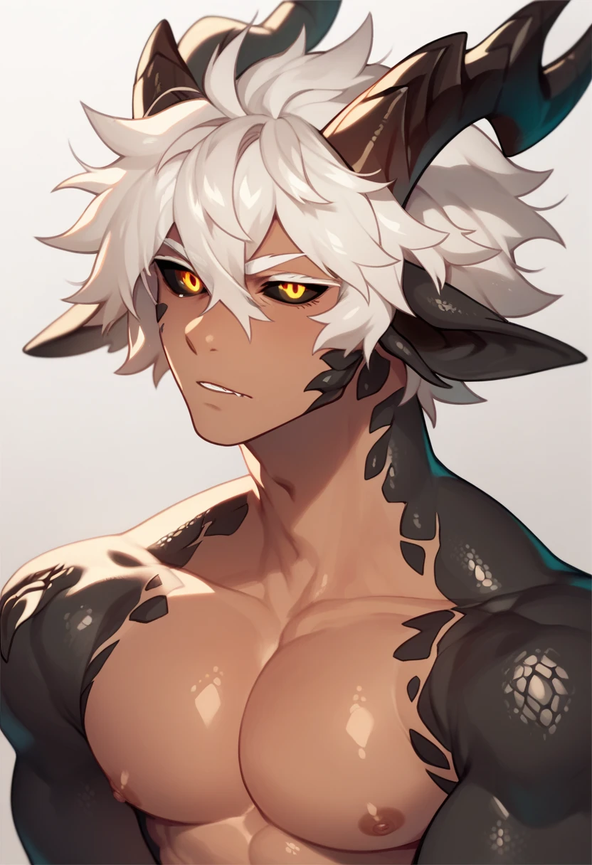  tanned, dragon boy with a huge dick, white hair,  fluffy messy hair, dragon horns, dragon tail, black scales, gradient skin, black sclera, iridescent eyes, abyssal power, white eyelashes 