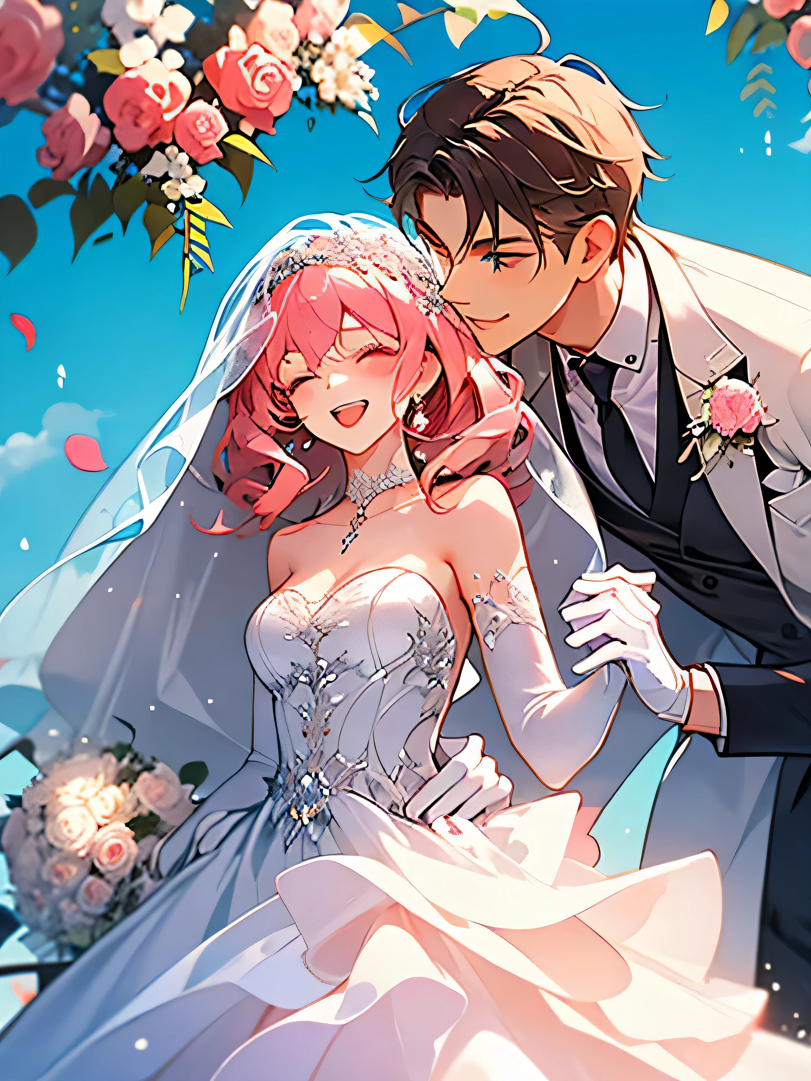 masterpiece, One Girl , {{One boy, dress, Two people, wedding style dress, ties, couples after insertion, smile, strapless dress, close your eyes, underpants, strapless , Veil, flower, long hair, holding, jewelry, gloves, shirt, necklace, flower bunch, white underpants, holding flower bunch, white dress, blue eyes, white shirt, open jacket , holding hands, elbow gloves, white gloves, white jacket, pink ties, bridal Veil, White background, wedding style , couples after insertion, Long Sleeve , long dress, Pink Flowers , short hair, is standing, Novel cover