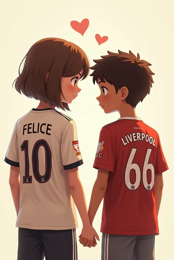 Teen girl with brown colour wearing an arsenal jersey with jersey number 10 and jersey name FELICE holding hands together with chocolate short 18 year old boy wearing Liverpool jersey with jersey number 66 and jersey name VALENTINE looking at each other with love.
Back positions should be shown.