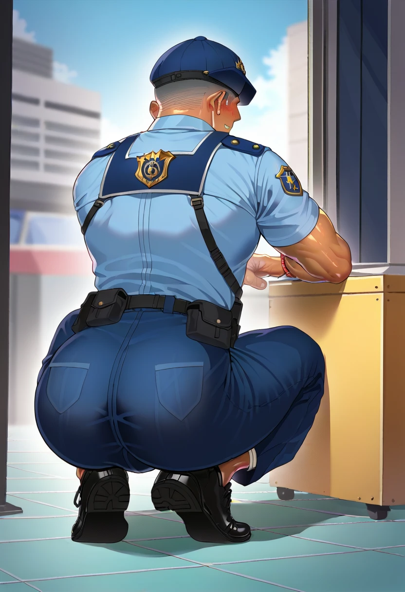best quality, masterpiece, handsome man, muscular bodybuilder, mature facial features, cheeky smile, exaggerated tiny waist, construction safety gear, hardhat, round bubble butt, spread anus, perfect fingers, sexy, gay, homoerotic, perfection, no watermark, no logo, no signature