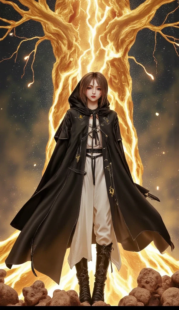 best quality, masterpiece, melina \(elden ring\),1 girl, solo, brown hair,medium short hair, black cloak with hood,orange eyes,white Tunic,belt,boots,full body, ashes and sparks in the air, (closed left eyes:2.0),(Scar on left eyes:2.0), 8k, high resolution, ultra detailed, professional digital painting, epic cinematic lighting, trending on artstation, 4k, hyperrealism, focused, extreme details, unreal engine 5, cinematic, masterpiece,There is a large golden glowing tree that seems to reach out into the universe, There are huge, golden trees that seem to stretch out into the universe, huge trees are huge horizontally and the size of swallowing stars