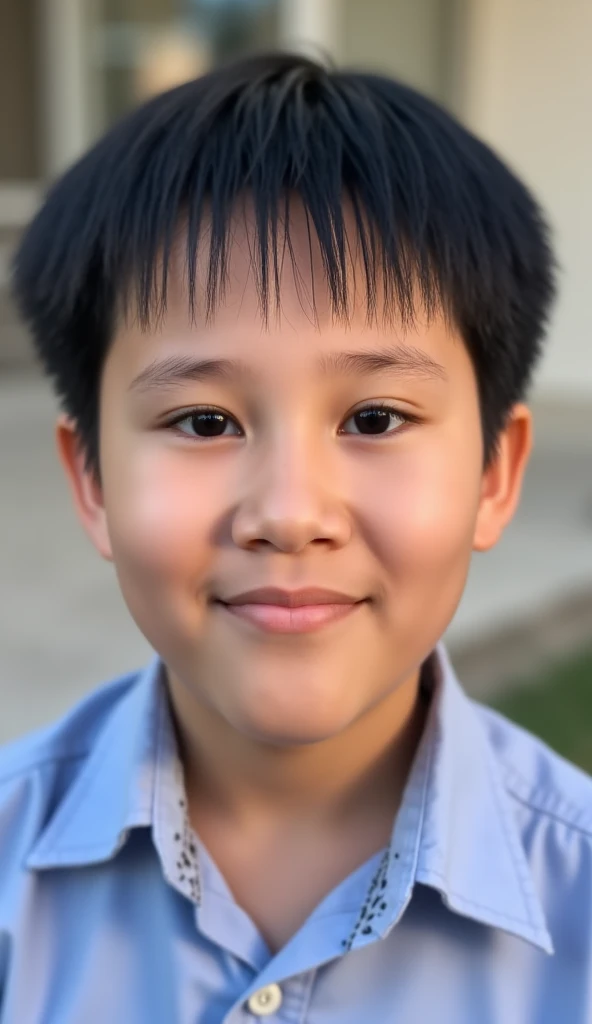  natphurin, a portrait photo of 7-**** boy, boy, short detailed hair，黑The eye，boy bust ，looking at the photographer，happy grin ，outdoor background，shallowdepthoffield