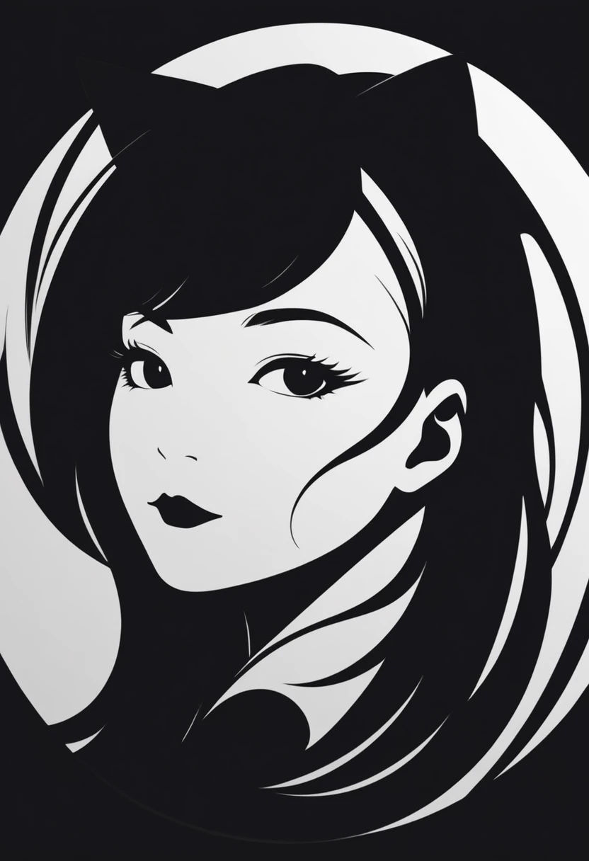 minimalistic logo design, centered silhouette of a cat ear girl\(face only,rounded head, curved tail, simple and elegant lines\), black and white theme, circular white background, modern and clean design, high contrast, sharp details, iconic and professional appearance, digital art style.