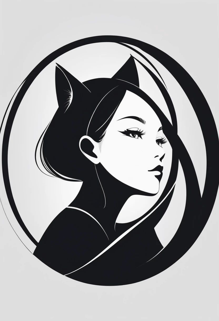 minimalistic logo design, centered silhouette of a cat ear girl\(face only,rounded head, curved tail, simple and elegant lines\), black and white theme, circular white background, modern and clean design, high contrast, sharp details, iconic and professional appearance, digital art style.