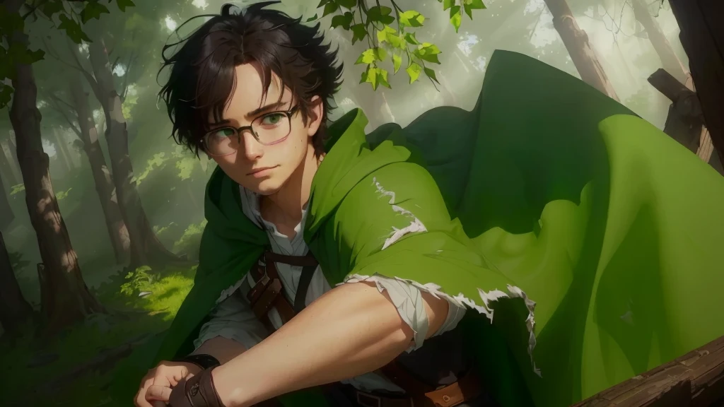 Boy、brown shorts、big round glasses、adventurer、teenager、looking to camera、open eyes, head down、smile, serious、red book in his hands, 20 years old, betrayal、chill、hurt、make up for、forgive、rounded glasses、green cape、full body、brown coat、white shirt、green tie、brown shorts、black boots、dynamic pose、1 person、splash art、exterior background、natural lighting、moody atmosphere、forest environment、realistic proportions、messy hair、subtle tear streaks、soft facial shadows、slightly flushed cheeks、visible emotion、conflicted expression、like features、fine texture on clothing、movement in the cape、dusty boots、intricate detailing on fabric、slight wind effect、focused composition、rich color depth、high contrast shading、detailed foliage backdrop、emotive storytelling pose、immersive perspective、slight tilt in head、downtrodden gaze、small hands、ish innocence. green cape, rich dark green fabric, slightly worn with frayed edges, tattered in places, flowing dramatically in the wind, draped over the shoulders, deep green shade, natural folds and creases, subtle light reflecting off the fabric, heavily textured fabric with slight distressed marks, slightly faded in some areas, vibrant green base color, shading near the edges, green hue consistent with natural lighting, creases showing movement, worn and weathered look, shadowing under the cape for added depth, natural fabric texture visible, ruffled and loose in motion, green tones blending with atmospheric lighting.