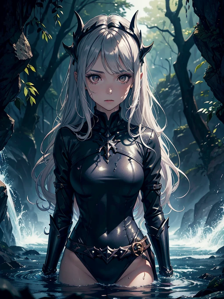 ((Mulher Ninano cobrindo o rosto dela)),((Bodysuit preto, open zipper on pussy, Com um cinto, com duas espadas na bainha do cinto))),((seios gigantescos, seios nus, buceta nua, seios eretos, Peitos de ventosa)),((cabelo de pedra)),((olhos castanhos, Cara desesperada)),((Standing, Em uma floresta assombrada, at night)),((1 arm behind the back)) ,