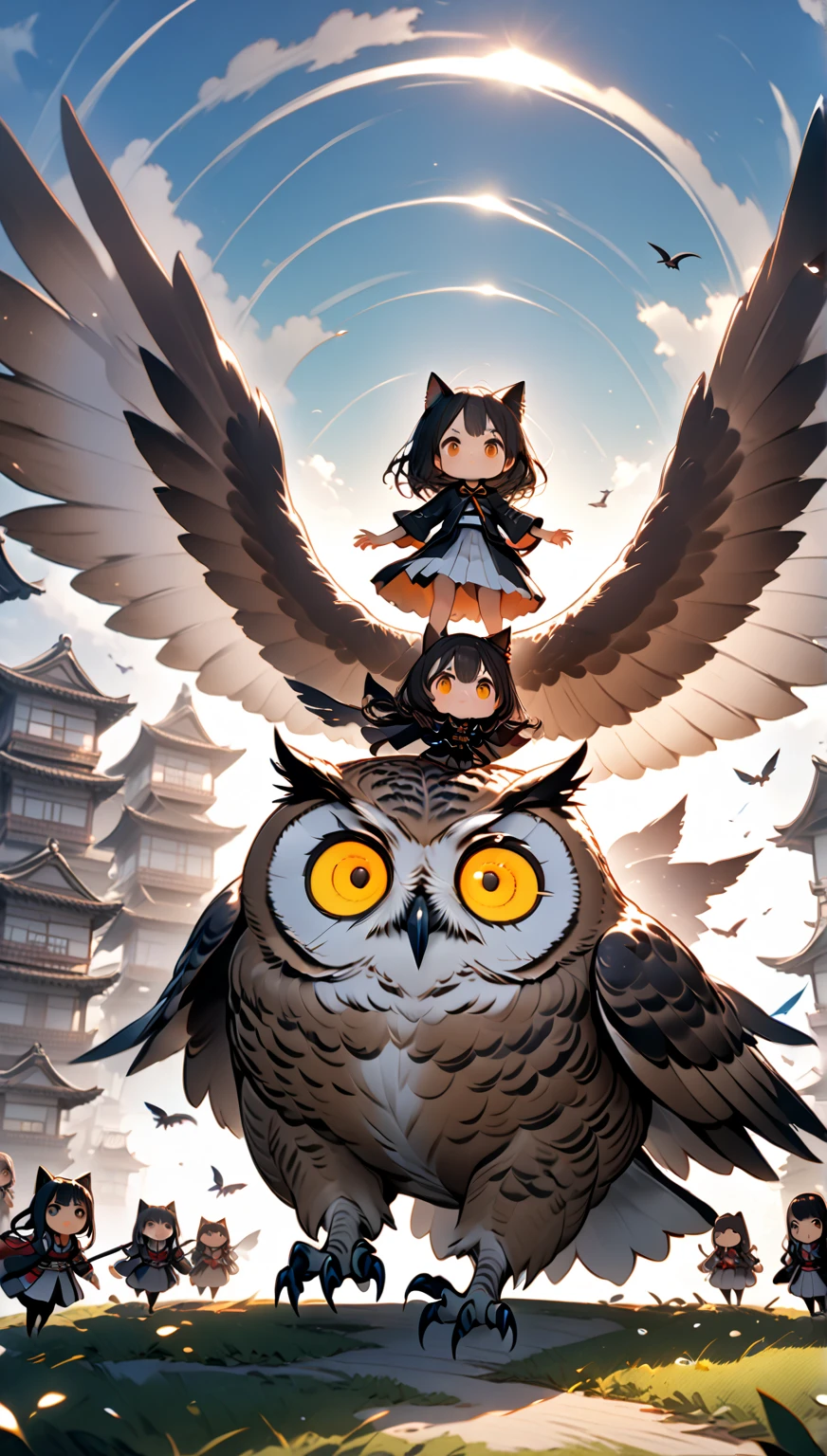 Cat ear girl、Ride a giant owl , Hzk,     Ultra Miniature Girl    , 