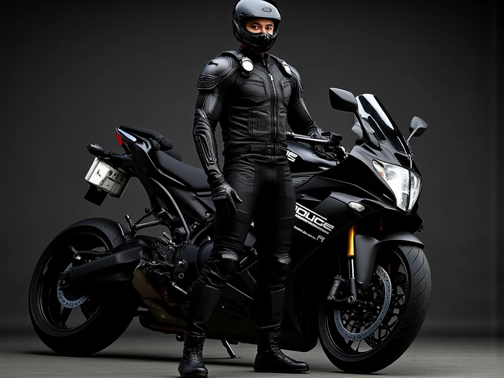 A full-body image of a muscular adult male dressed in police tactical gear, PTU-style, wearing a black leather full-body suit, mask, and tactical boots. The sleek leather outfit provides full coverage, exuding a dark and intense atmosphere. The scene is illuminated by low light, casting dramatic shadows that enhance the mysterious and powerful presence. He stands beside a heavy-duty police motorcycle, ready for action. The composition emphasizes his commanding stance and the tactical precision of his gear,Future City Technology,blending a sleek, futuristic aesthetic with a gritty, law enforcement vibe.Cyberpunk City
