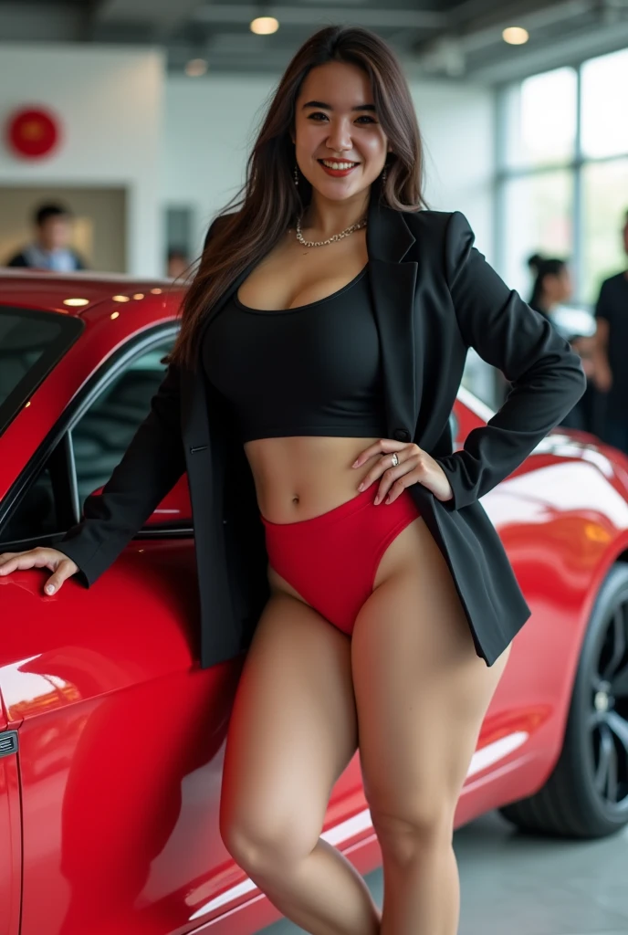 Top quality, masterpiece, ultra high definition, (Real: 1.4), Original photo, (Evening Street), 1 girl, rounded big breast:1.5, black eyes, smile, looking at the audience, long hair, light makeup, lips, large ears, dress t-shirt, mini bra sexy, plaid mini skirt, skirtlift, open legs, show pubic hairs detailed, dark hairy pussy:1.3, chubby vagina, earrings, standing side red car Ferrari, naughty pose,