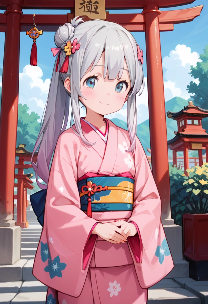 loli, best quality, high resolution, 8k, solo, blush, small breasts, (Sagiri Izumi, long hair, blue eyes, ribbon, hair ribbon, gray hair, pink ribbon, ribbon), smile, sky blue, cloud, standing, open mouth, ((shrine)), ((torii)), ponytail, ((kimono, long sleeves:1.5)), hair ornament, (japanese hairpin:1.4), ((kanzashi)), hair bun