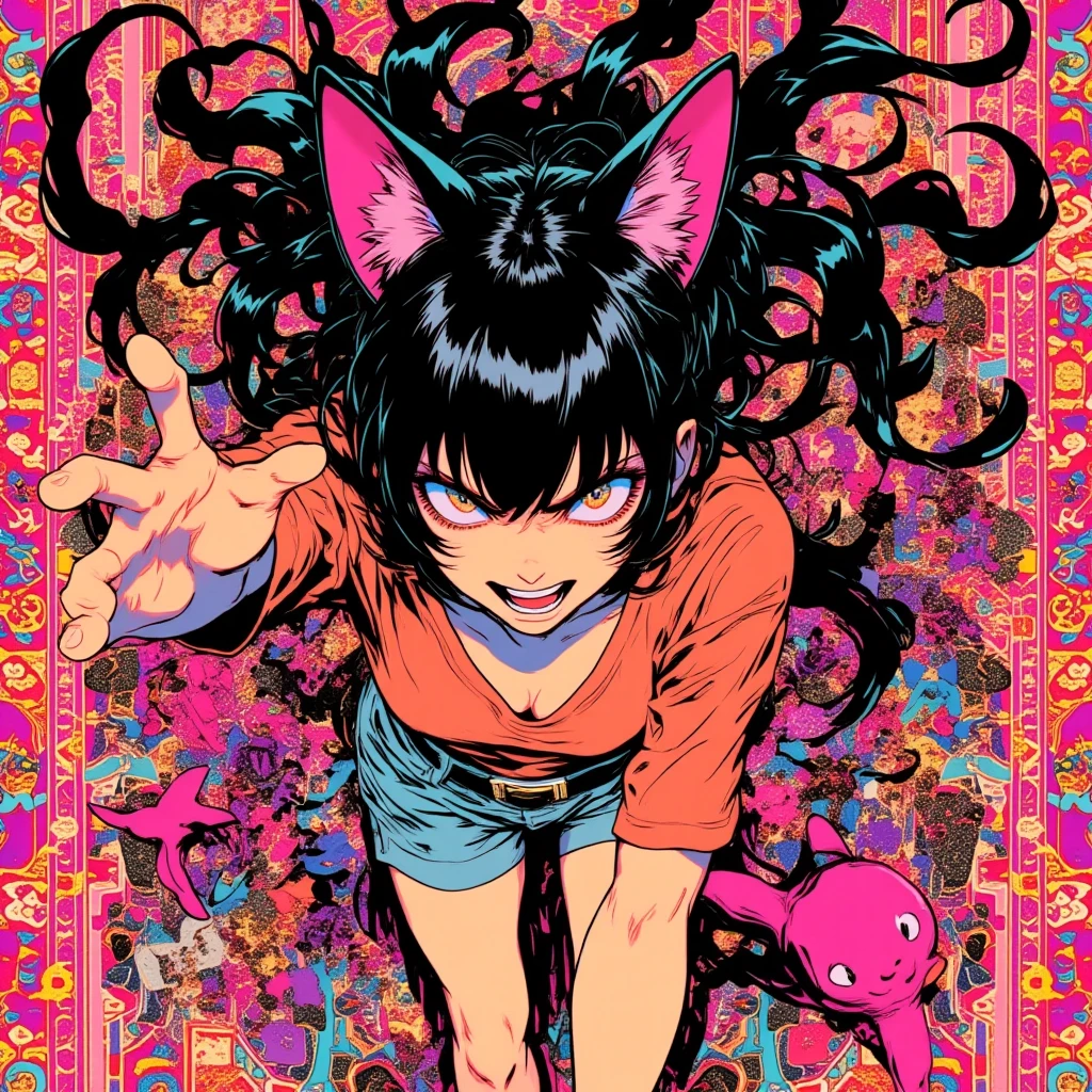 psychedelic manga pop art, A girl with cat ears, a threatening expression, a threatening pose, a fluffy Persian carpet, ultra detailed, absolutely resolution, masterpiece