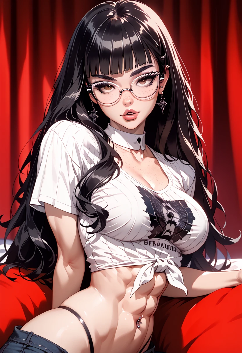 highres, sharp focus, pixiv masterpiece, ((intricate details)), best quality, ultra-detailed, beautiful girl, seductive face, bitting lips, white skin, freckles, long black hair, detailed brown eyes, slanted eyes, big eyelashes, back eyeshadows, wide black eyebrows, big glasses, medium breasts, thin waist, big hips, fit toned figure, abs, bellybutton piercing, white tied tshirt, g-string, sitting on a bed
