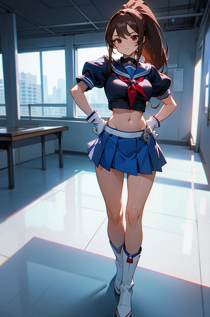 Anime girl in uniform sitting on a wooden bench with a ban…