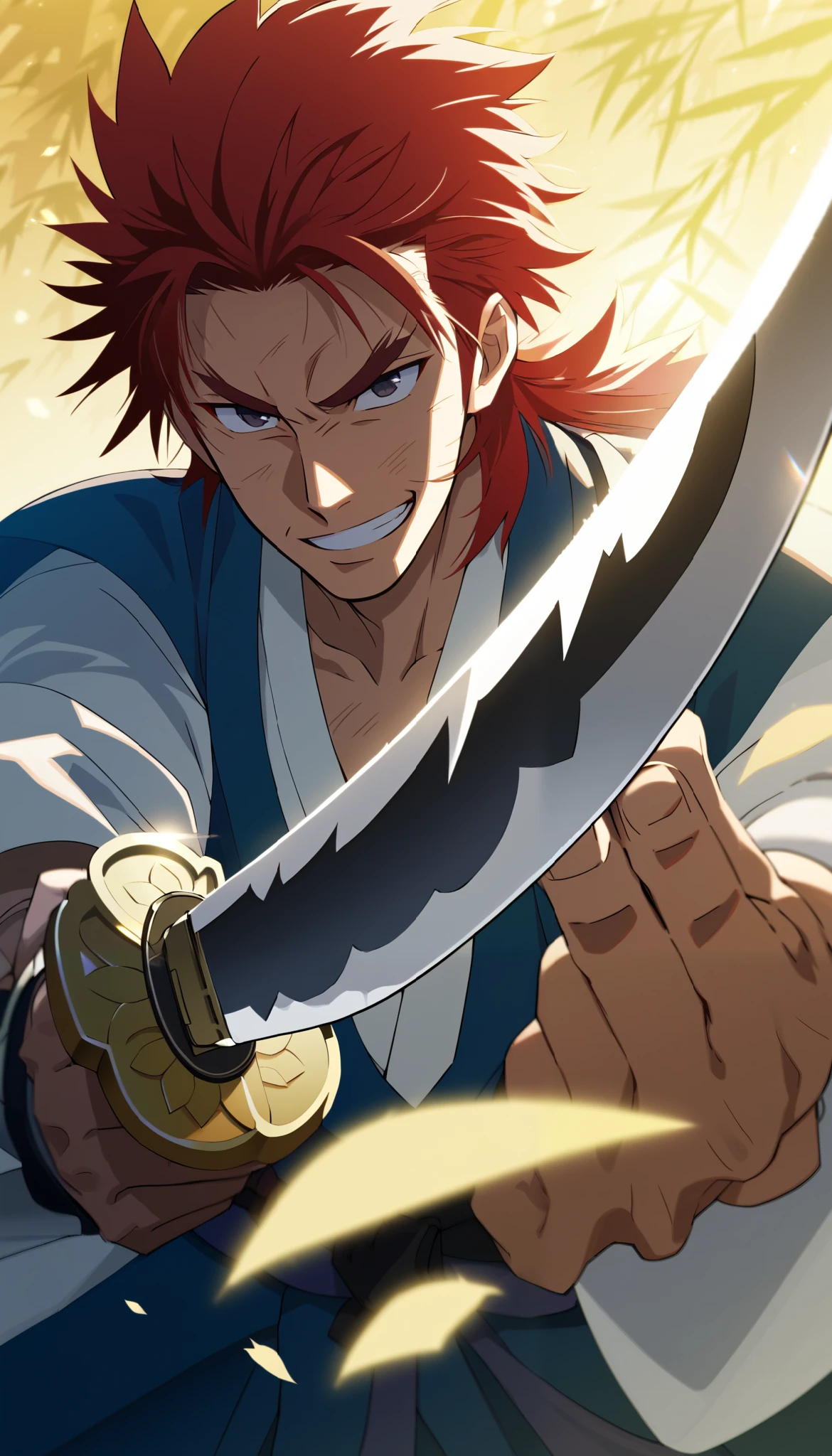 red hair, mullet, raised eyebrows, evil smile, anime, cinematic lighting, backlighting, (masterpiece), accurate, super detail, high details, ((textured skin)), ((best quality)), A young samurai boy stands in a confident pose, holding a katana in the chudan (middle guard) stance. His wild, unkempt hair adds to his rebellious charm, and a mischievous grin spreads across his face. The scene is set in a misty bamboo forest, with sunlight filtering softly through the leaves, casting dappled shadows on the ground. His traditional samurai attire is slightly rugged, hinting at his carefree personality. The katana gleams sharply, and the overall atmosphere conveys both a sense of tradition and youthful defiance. Highly detailed, cinematic lighting, and a slight breeze gently rustling the bamboo leaves