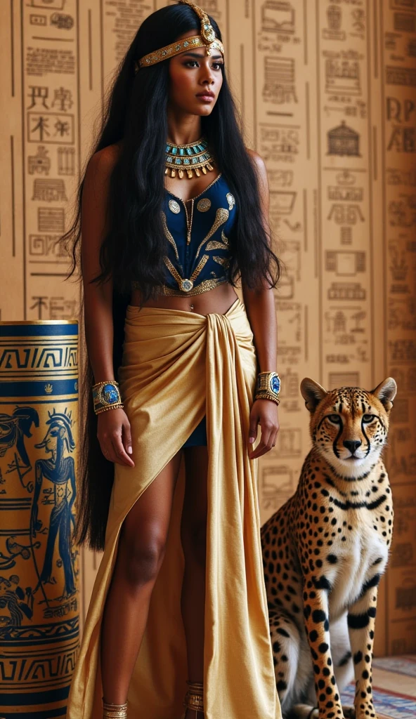 The beautiful and charming Egyptian queen, dark skin, 25-35 years old, graceful face, wearing an exquisite headdress, a necklace decorated with gold and gemstones, a dark blue sleeveless shirt with gold patterns, a light gold wrap skirt, intricate patterns, gold armbands and bracelets. Graceful posture, standing upright, slightly bent, showing confidence. Cheetah, dark brown spotted fur, sitting still at her feet, showing real elegance and alertness. The background is ancient Egyptian hieroglyphics in soft beige, gold and blue tones on a patterned surface. The artistic style is historical realism. Meticulous details emphasize luxurious clothing and accessories. Soft light emphasizes texture and contrast. Rich gem tones and natural light. Soft shades create a warm and ancient feeling. The perspective is a full-body portrait, showing the intricate details of the clothing. The left side of the statue has a cylinder decorated with intricate geometric patterns of ancient Egypt. This composition helps to balance the character and the animal companion. The overall tone is calm, confident and elegant.