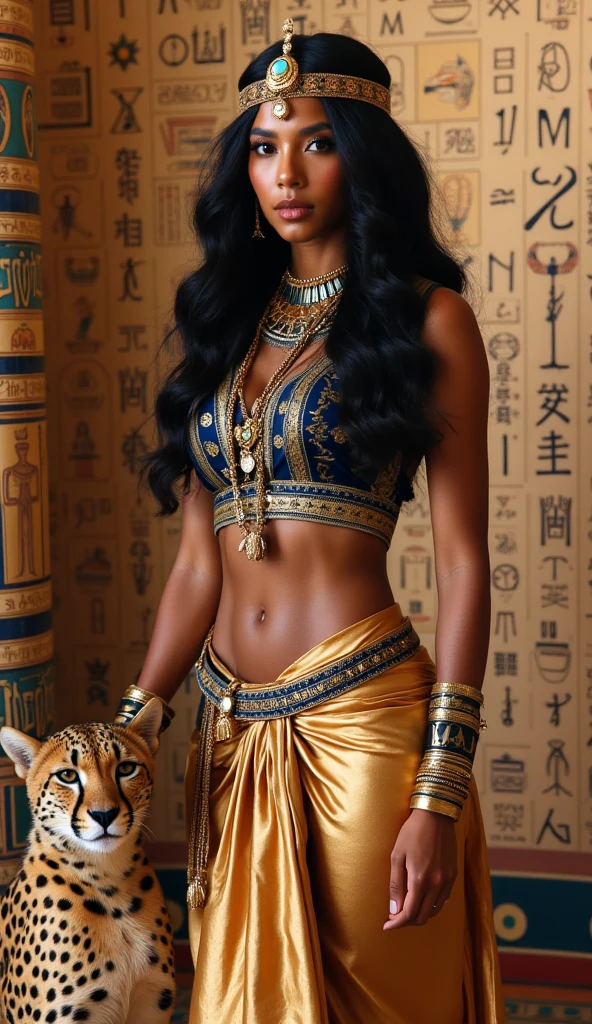 The beautiful and charming Egyptian queen, dark skin, 25-35 years old, graceful face, wearing an exquisite headdress, a necklace decorated with gold and gemstones, a dark blue sleeveless shirt with gold patterns, a light gold wrap skirt, intricate patterns, gold armbands and bracelets. Graceful posture, standing upright, slightly bent, showing confidence. Cheetah, dark brown spotted fur, sitting still at her feet, showing real elegance and alertness. The background is ancient Egyptian hieroglyphics in soft beige, gold and blue tones on a patterned surface. The artistic style is historical realism. Meticulous details emphasize luxurious clothing and accessories. Soft light emphasizes texture and contrast. Rich gem tones and natural light. Soft shades create a warm and ancient feeling. The perspective is a full-body portrait, showing the intricate details of the clothing. The left side of the statue has a cylinder decorated with intricate geometric patterns of ancient Egypt. This composition helps to balance the character and the animal companion. The overall tone is calm, confident and elegant.