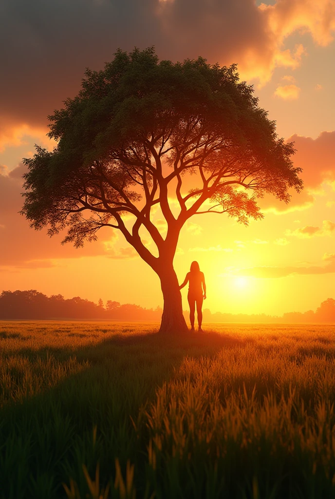 woman, naked, touching with one hand a huge Dracaena cinnabari tree, majestic tree, desert place, arid, few clouds, intense orange sunset, realistic lights, 4k, hyperrealistic,