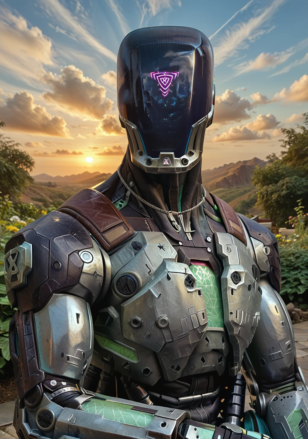 score_9, score_8_up, score_7_up, (Detailed Face, Detailed Body, Detailed Background, Detailed Background, Detailed Background, Detailed Background, Perfect Anatomy, Masterpiece, High Quality, Best Quality), outdoor, Clouds, rating_safe_rest, three-quarter view, male focus, you guys_vaLorant, robot, cyborg, muscular, broad-shouldered, looking at viewer, shiny, metal body