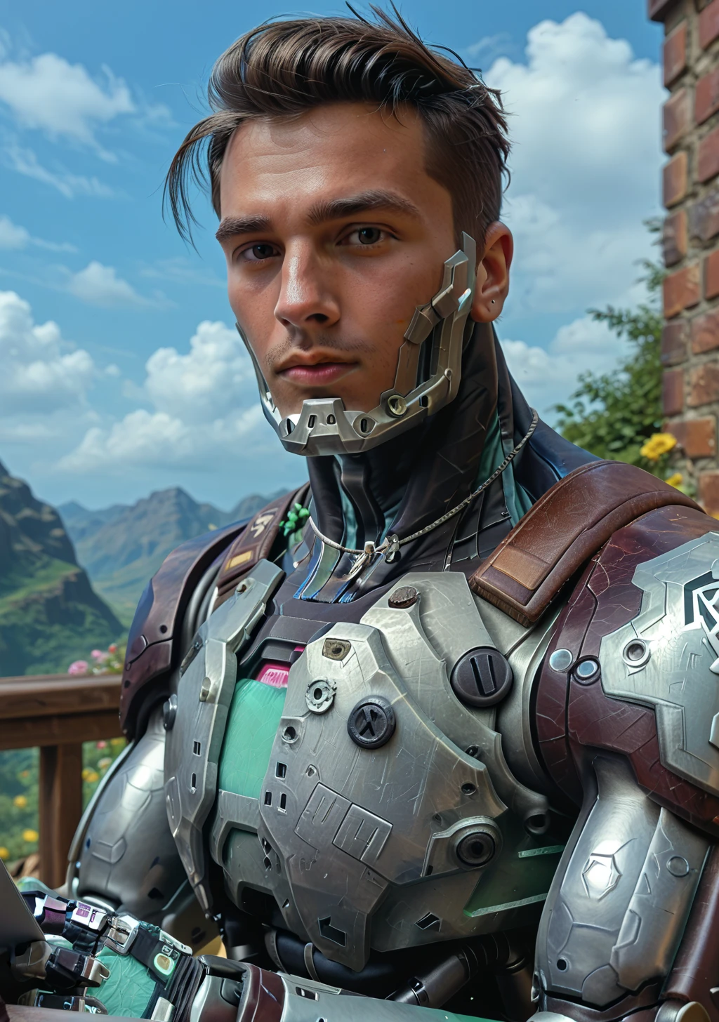 score_9, score_8_up, score_7_up, (Detailed Face, Detailed Body, Detailed Background, Detailed Background, Detailed Background, Detailed Background, Perfect Anatomy, Masterpiece, High Quality, Best Quality), outdoor, Clouds, rating_safe_rest, three-quarter view, male focus, you guys_vaLorant, robot, cyborg, muscular, broad-shouldered, looking at viewer, shiny, metal body