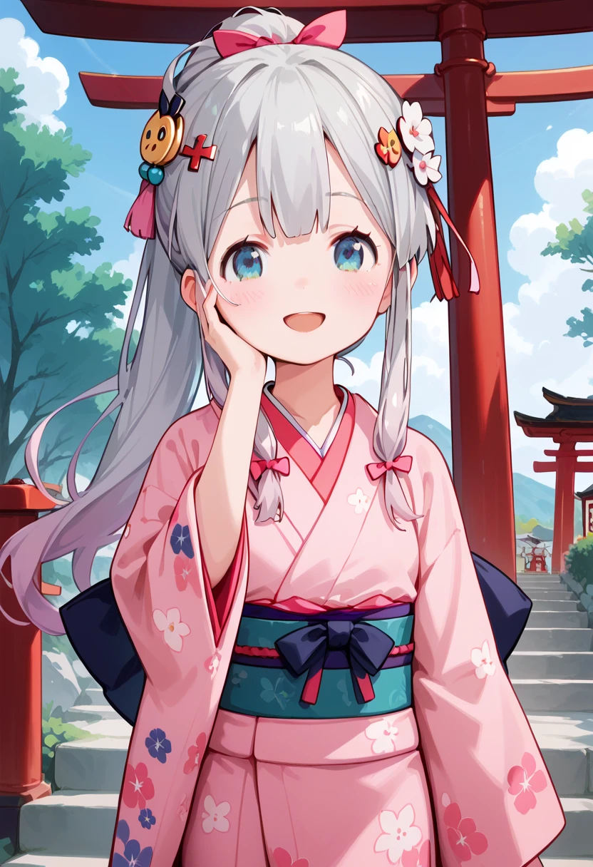 loli, best quality, high resolution, 8k, solo, blush, small breasts, (Sagiri Izumi, long hair, blue eyes, ribbon, hair ribbon, gray hair, pink ribbon, ribbon), smile, sky blue, cloud, standing, ((open mouth)), ((shrine)), ((torii)), ponytail, ((kimono, long sleeves:1.5)), hair ornament, (japanese hairpin:1.4), ((kanzashi)), hair bun, pov, hand on face, 