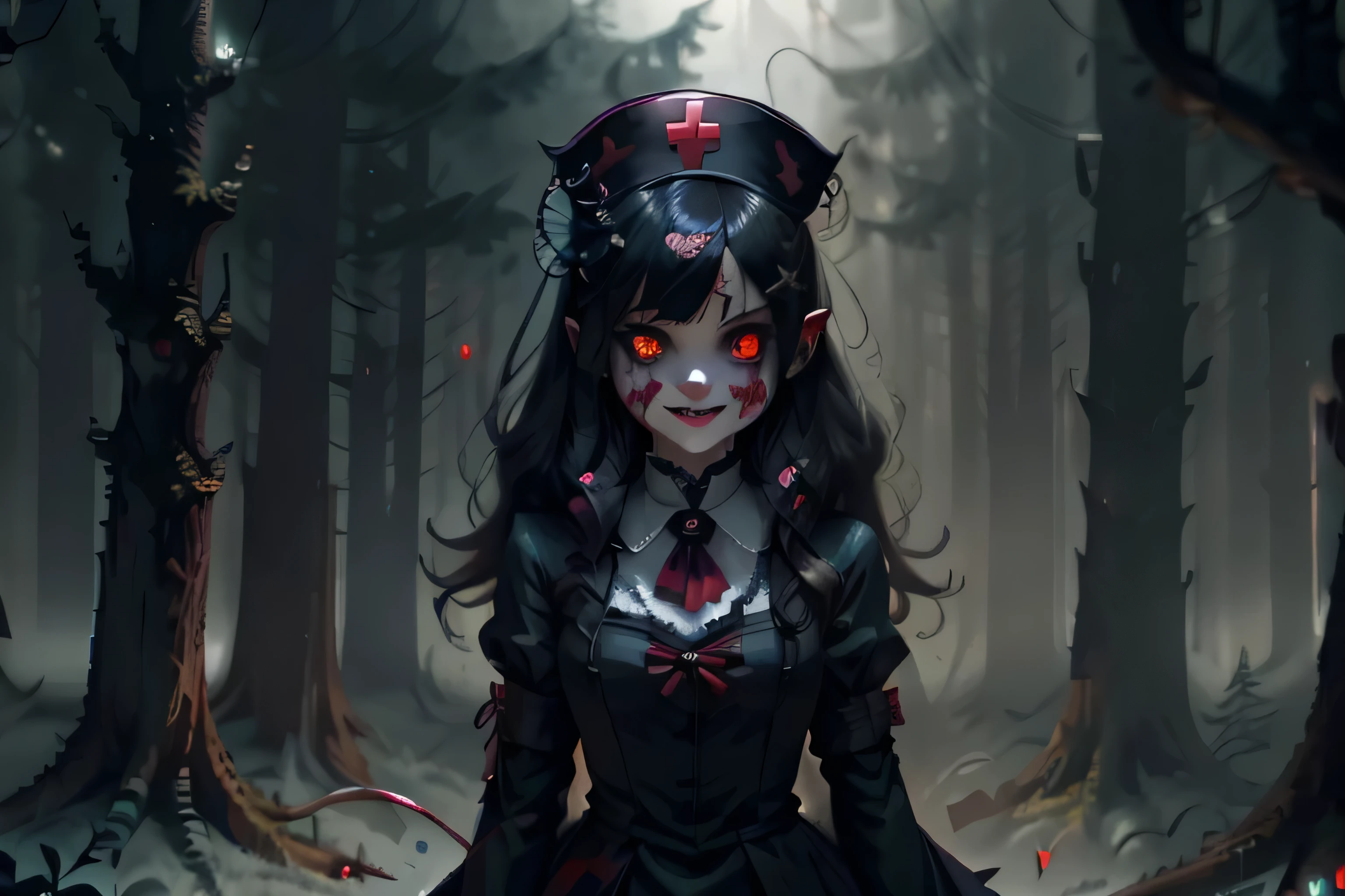 (8k, RAW Photos, Highest quality, masterpiece:1.2),(Realistic, photo-Realistic),Photo Background,Face-only photo,Draw only the face,Look up,Face shot,Scythe Face,Girl Monster, slave,beautiful, Detailed portrait, Delicate facial features, Sharp Eye, Sharp Fangs, Pale skin, Thick chain, Dark Background, Cinema Lighting, Dramatic Shadows, Gothic style, Gloomy atmosphere, Dark fantasy, One Girl, , Please open your mouth wide, Open your mouth and baring your teeth,Sharp teeth like a beast, Wide lips, very wide mouth, Vermilion cheeks, ,(Blood splatter:1.6),Scary face, Laughter　Witch design, Twisted smile、Bloodstained、bleeding from the head,,、Blood splatter、,(Blood splatter:1.6),Crossbones, skull,　, Horror Style,Dark fantasy,Red color scheme,Soft lighting,Emotional,Enchanted Forest,Ominous atmosphere,Eye-catching,Storytelling,anatomy,Anime Style,Concept Art,beautiful細部までこだわった顔と (((Red eyes ))),Flowing Hair,emotional expression,Jewelry crafted with attention to detail,A cape with an intricate pattern,Strong gaze,Feathered Cape,Subtle Shadows,Dynamic pose,Great composition,Mysterious Background,Natural elements,Moonlit Night,wood々The wind blowing between,Eerie presence,Reveal personality strengths and weaknesses,A striking contrast between the red cape and its surroundings,Fascinating story,Rich texture,Depth and Dimension,Highlight the charm and resilience of your characters. (((little red riding hood))), (Blood splatter:1.5)