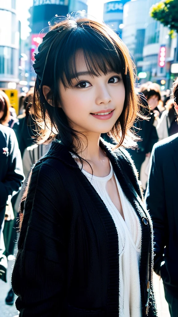 masterpiece,best quality,(Japanese school girl),((Beautiful girl)),cleavage,(perfect body beauty:1.2),(shy smile),beautiful teeth,(hat),(Shibuya scramble crossing),