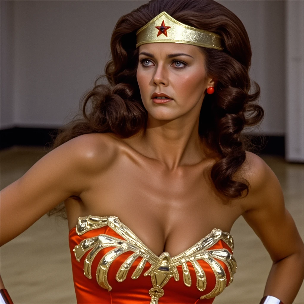 Real light ,  beautiful details shine , ((25 years old)), tall girl , Wavy long hair shape , with Wonder Woman's golden shield , ((( she ))),  very young Linda Carter ,  very big boobs ,  Brown hair , Skinny boobs , Photographic view of bright red sanpaku eyes  , Slender figure, Small waist, Wide hips, concerned expression,  front view. whole body.   wearing a shiny red spandex bodysuit zipper on the front ,  低领口充分展示了she的大胸围. Roll up your sleeves. Her round, curvy ass .  kneeling in the gym 