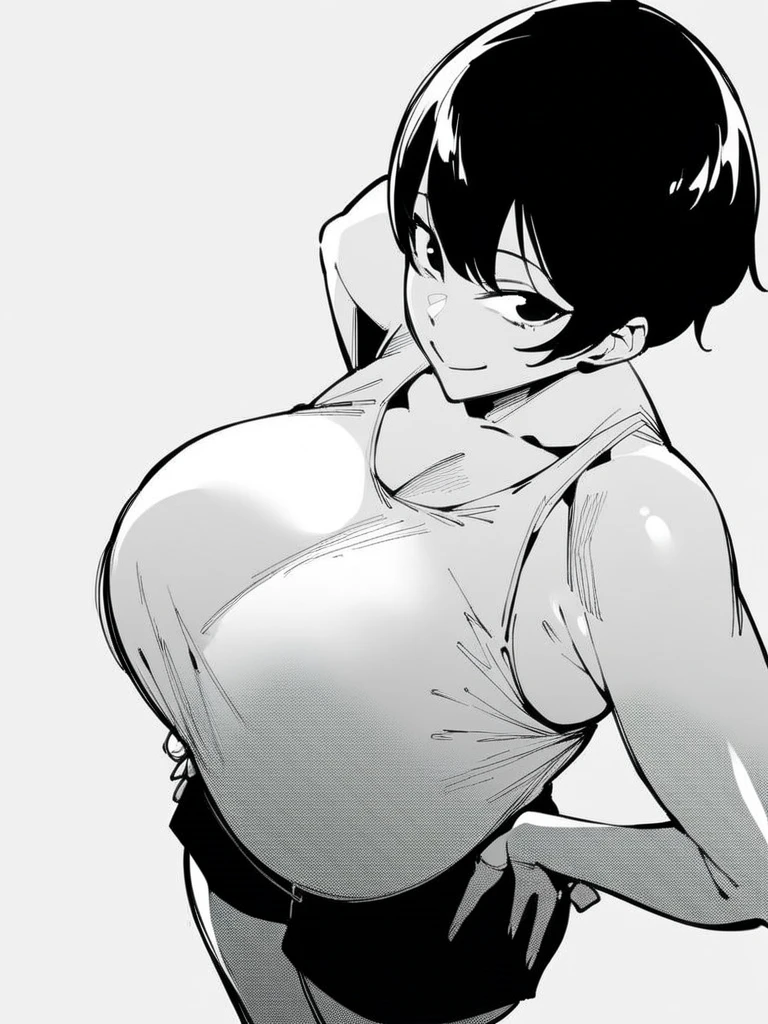  score_9,  score_8_above,  score_7_above, 
1 girl, monochrome , Primo fn  ,  unfeminine girl,  short hair,  black hair,  huge breasts , large breast ,  black eyes,

 tank top ,  black shorts, Standing, smile, Closed mouth  ,  hands on hips,   looking at the viewer,

 white background,