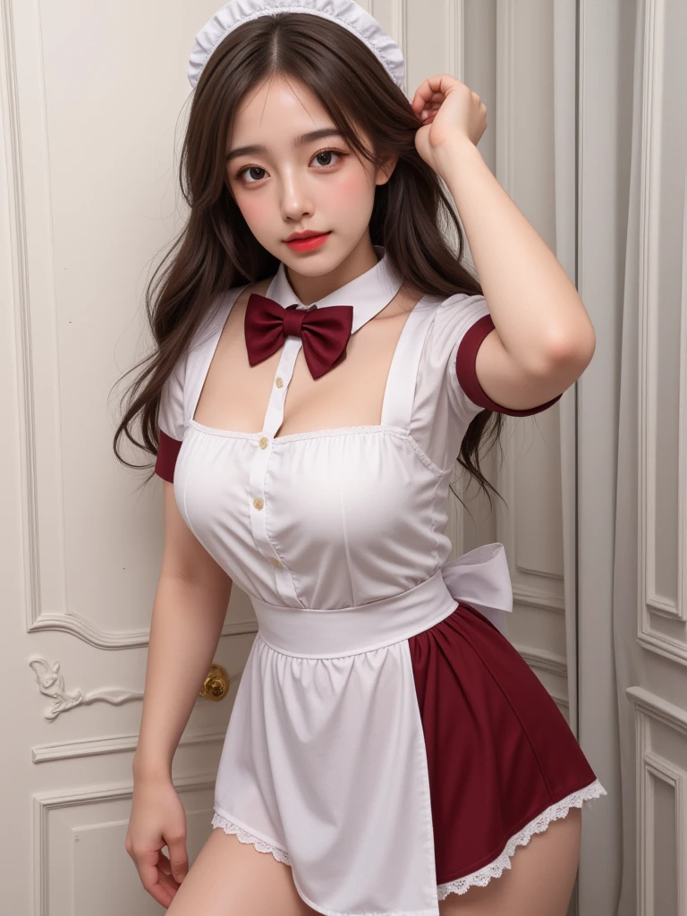 masterpiece, best quality, illustration, Super detailed, fine details, High resolution, 8K,wall paper, perfect dynamic composition,(Details High quality, realistic depiction of eyes:1.3), long hair, (wavy hair:1.2), huge breasts, hotel room, (bow ribbon, Maid, knee high socks:1.3), Aside Cutter Shirt, frill skirt, medium breasts, (bare chest:1.2), random hair color, Big Natural Color Lip, perfect body shape, bold sexy pose, crying a little、Harajuku style、20 year old girl、cute type、low cut、beautiful legs, full body photo、focus on crotch, hposing Gravure Idol