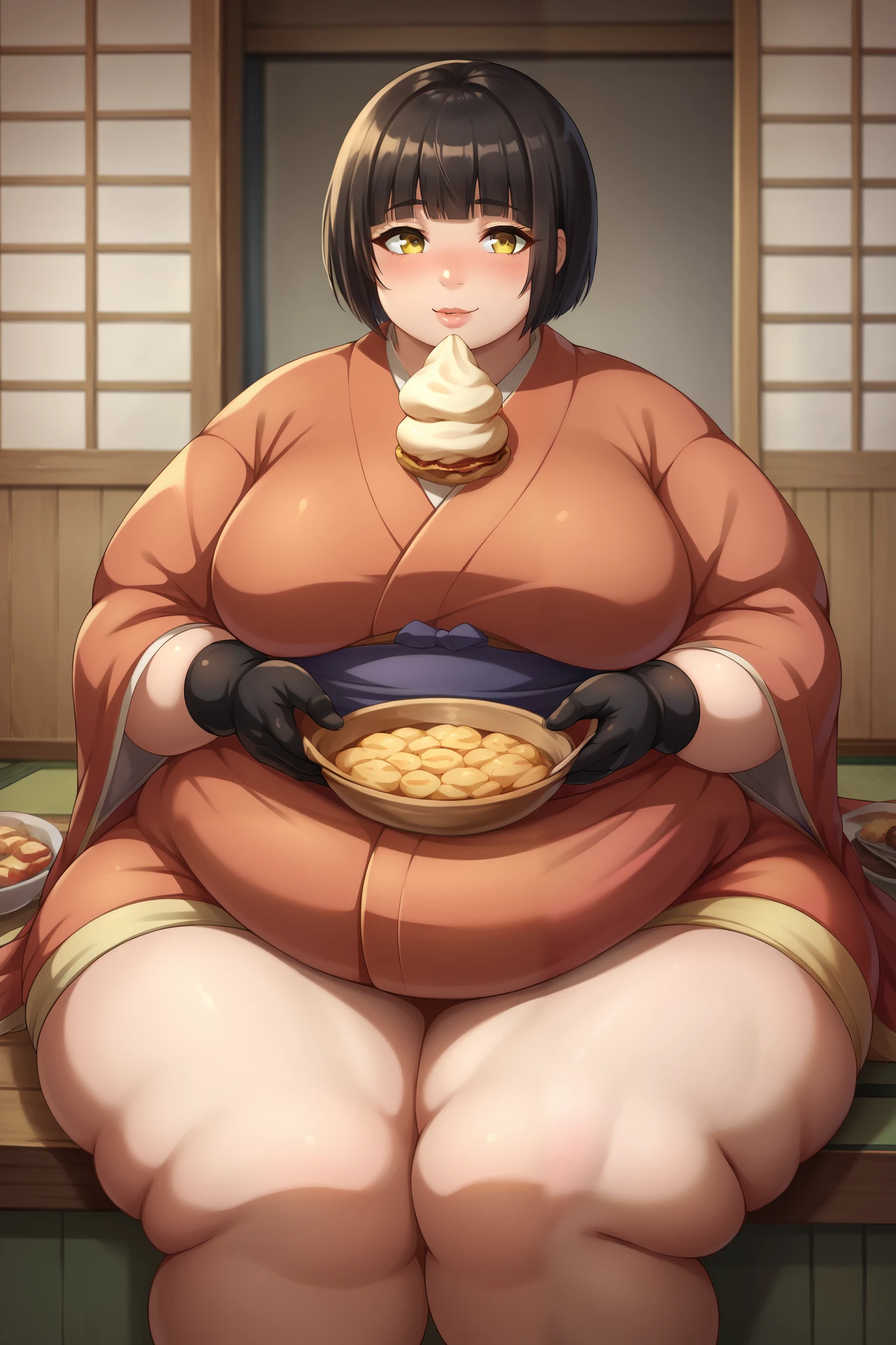 masterpiece, best quality, newest, absurdres, highres, 1girl, solo, mio-mlf, black hair, short hair, blunt bangs, bob cut, bangs, yellow eyes, 
japanese clothes, kimono, bow, black gloves, 
blush, light smile, looking at viewer,, fat, chubby, obese, gigantic arms and legs, sitting down, eating food, open mouth, plumb lips, big lips 