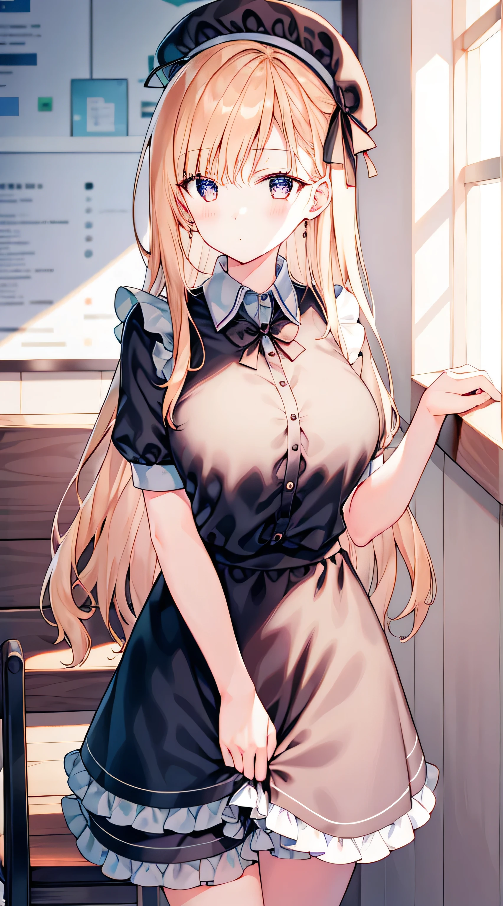1 girl, , Unique , Lift your legs, Long_hair, A skirt, gold_hair, maid_hat, Watching_Take a step back, Watching_Shown in_ Peeping at the audience , through bangs , black_ Lift your legs, Blushing, black_A skirt, Unique , Short_sleeve, clothing_Raise , wrist_cuff, Decorate style , A skirt_Raise , Large target_, Raise ed_Past_Self-expression, translucent liquid from_Shown in the back, maid, furry_Short_sleeve, Side lock, furry_sleeve, crop_top, blunt_ through bangs , , _mgo outh, Large target腿, black_ have eyes , chair, Kneeling, Frilly_A skirt, _go out, Shown in room, window,