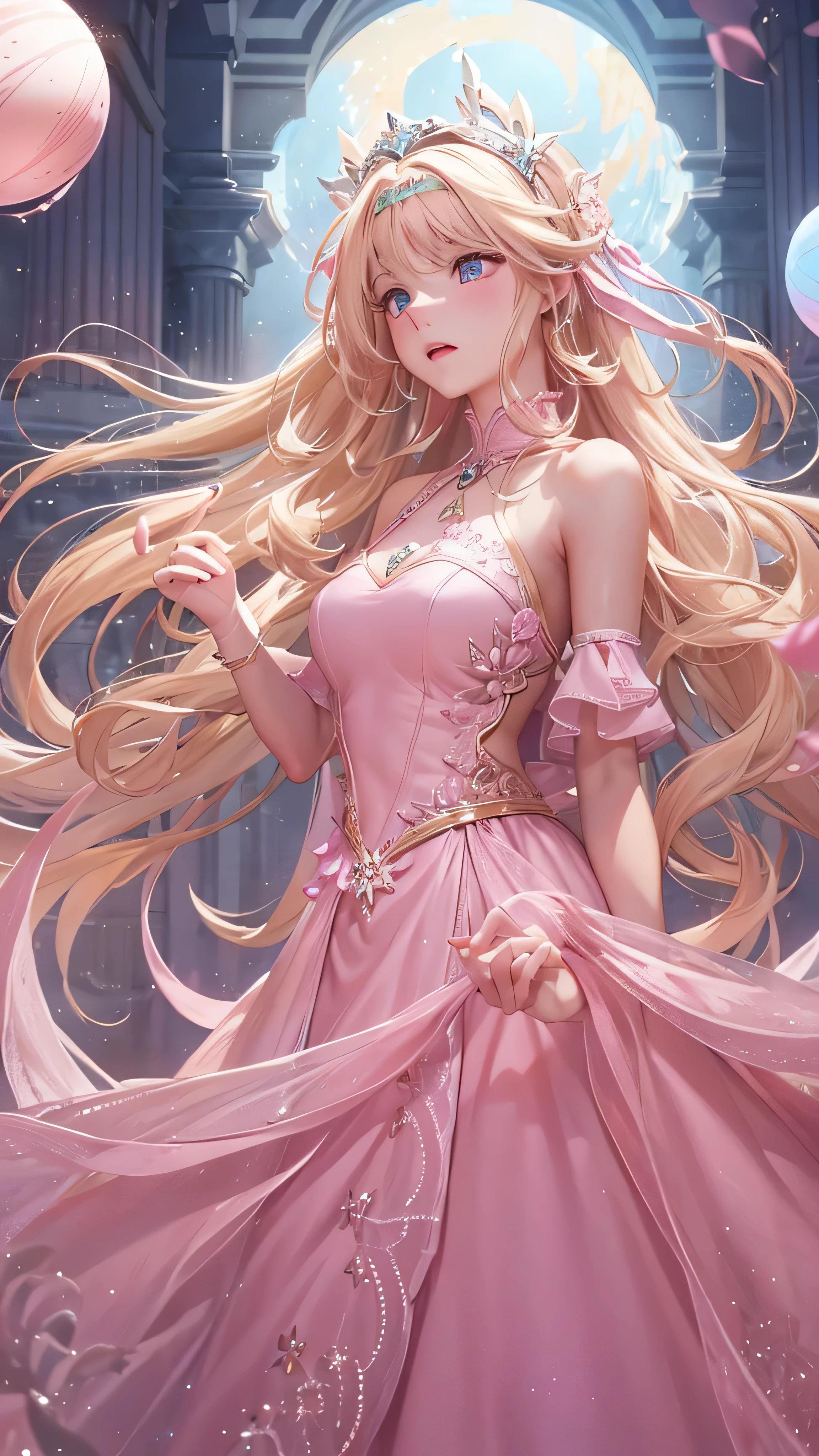  in high-definition images， the night of the ball 、 pink dress, cute hair band in a huge space,  blond hair, Beauty, Tall, In a huge space ,  long hair,  clevis on a stone, Emotionless,  Details, whole body, Ball venue。