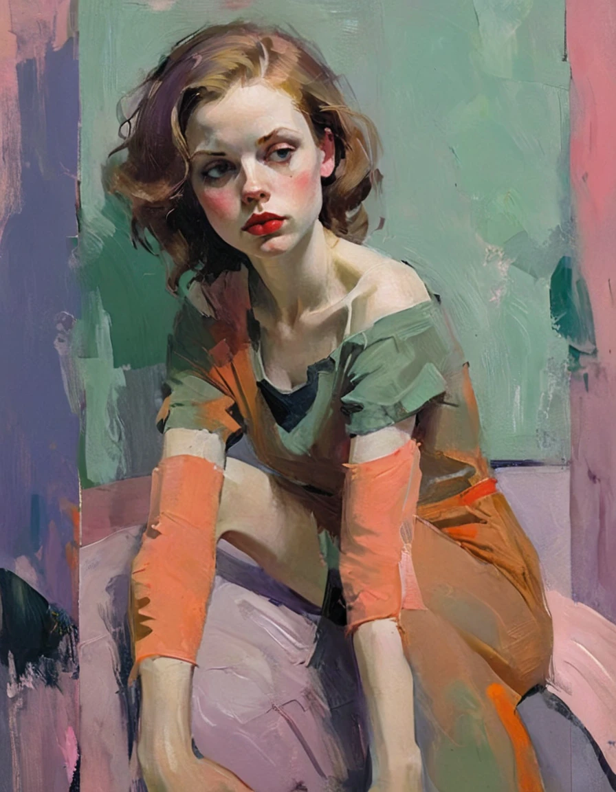 Create a portrait of a young woman in a semi-reclining pose with a pensive expression. Use a painterly style inspired by Malcolm Liepke, characterized by expressive brushstrokes and rich texture. Employ a color palette of muted greens, soft pinks, deep purples, and subtle flesh tones to evoke a sense of depth and emotion. The background should consist of abstract, textured layers in complementary colors, blending seamlessly with the figure. Pay attention to the contrast between the smooth, detailed rendering of the face and the rough, textured application of paint in the surrounding areas. Capture the delicate balance of vulnerability and strength in the subject's gaze and posture