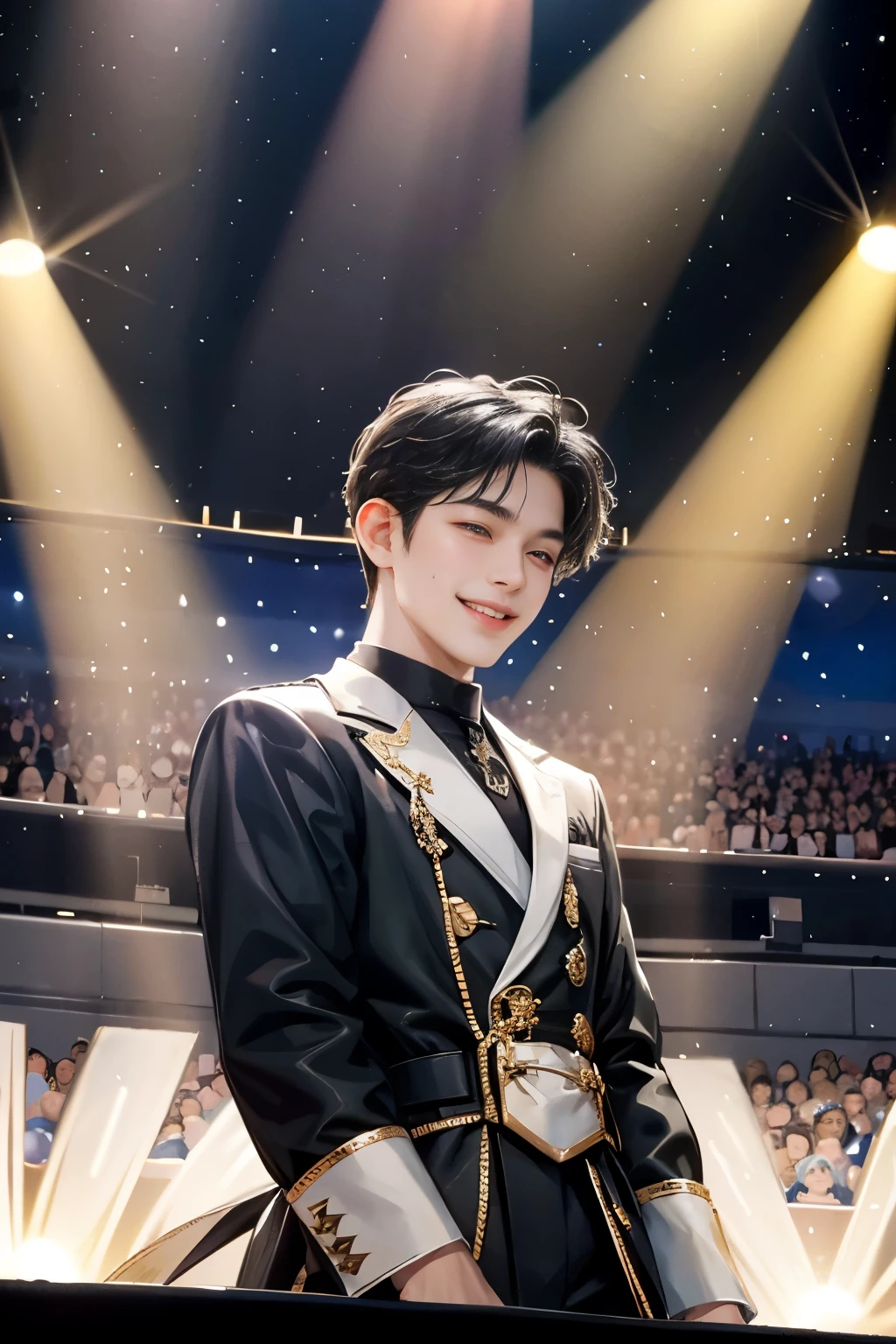 Sweet-faced man, black hair, wearing idol clothes, idol, looking at audience, front view, toothless smile, standing on stage, sparkling, spotlight, high detail