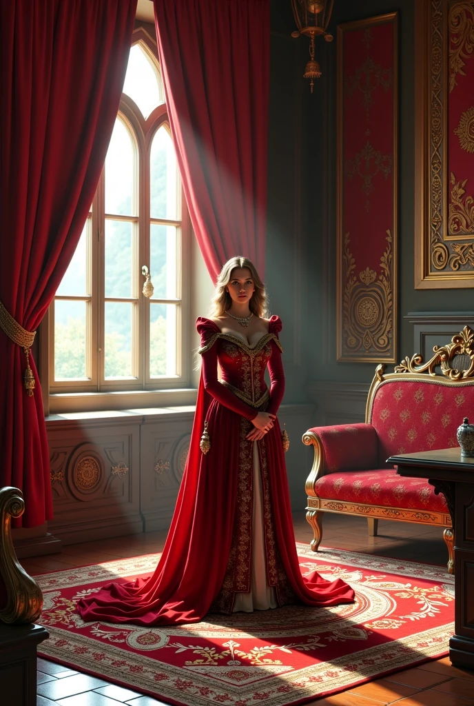 arafed woman in a red dress sitting on a rug in front of a mirror, in a red victorian era dress, victorian style costume, portrait cersei lannister sit, victoriana, wearing elegant tudor clothes, victorian dress, sansa, georgian dress, historical baroque dress, promotional still, wearing a tudor style dress, wearing gilded red robes, an beautiful