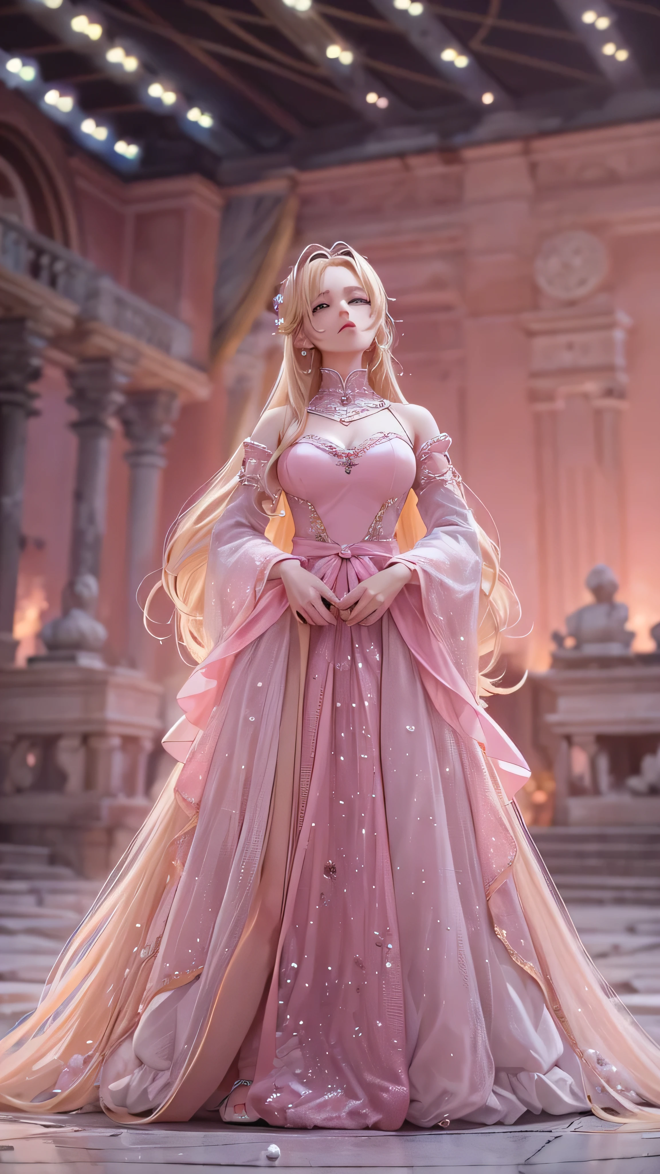  in high-definition images， the night of the ball 、 pink dress, cute hair band in a huge space,  blond hair, Beauty, Tall, In a huge space ,  long hair,  clevis on a stone, Emotionless,  Details, whole body, Ball venue。