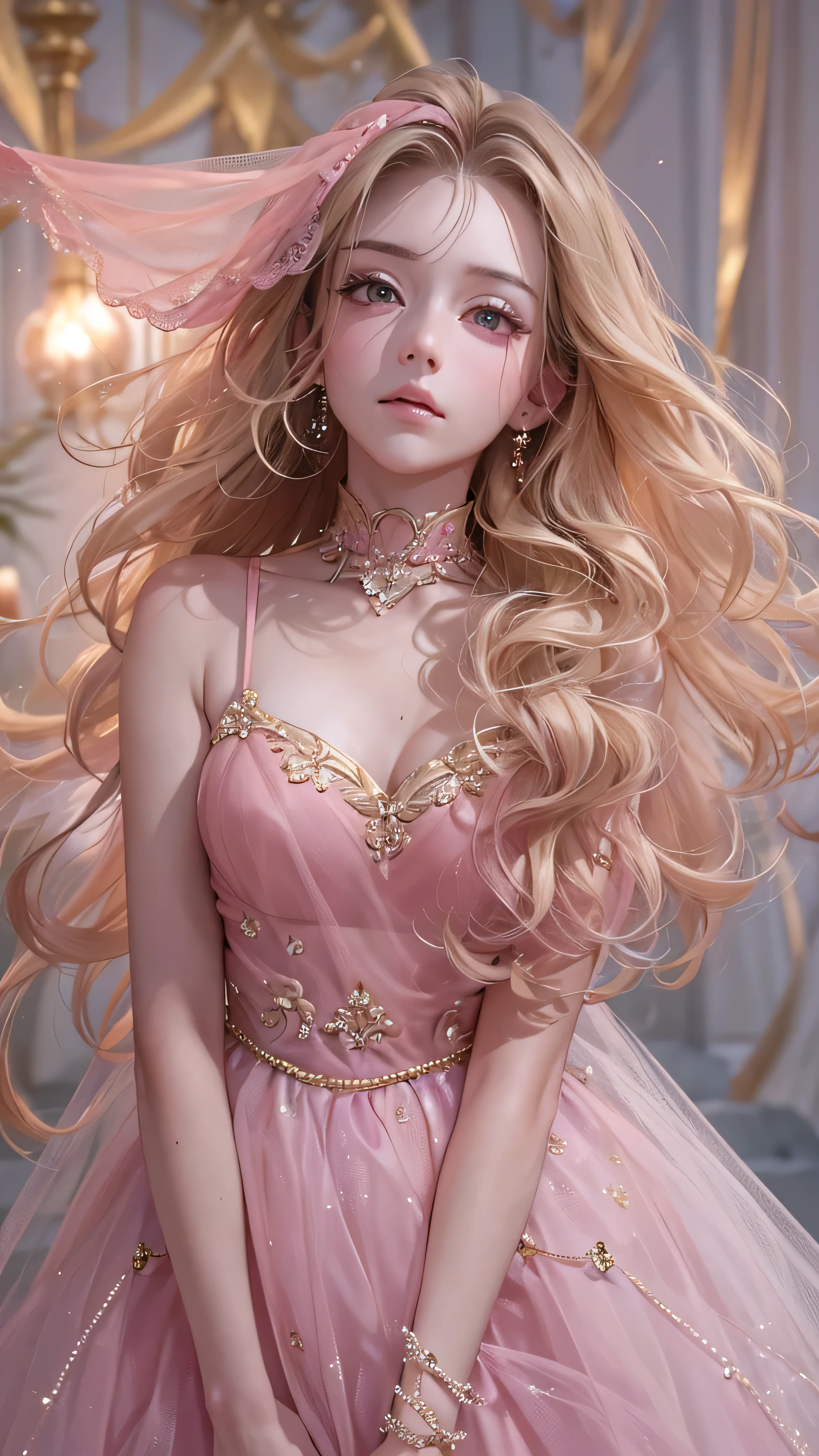  in high-definition images， the night of the ball 、 pink dress, cute hair band in a huge space,  blond hair, Beauty, Tall, In a huge space ,  long hair,  clevis on a stone, Emotionless,  Details, whole body, Ball venue。