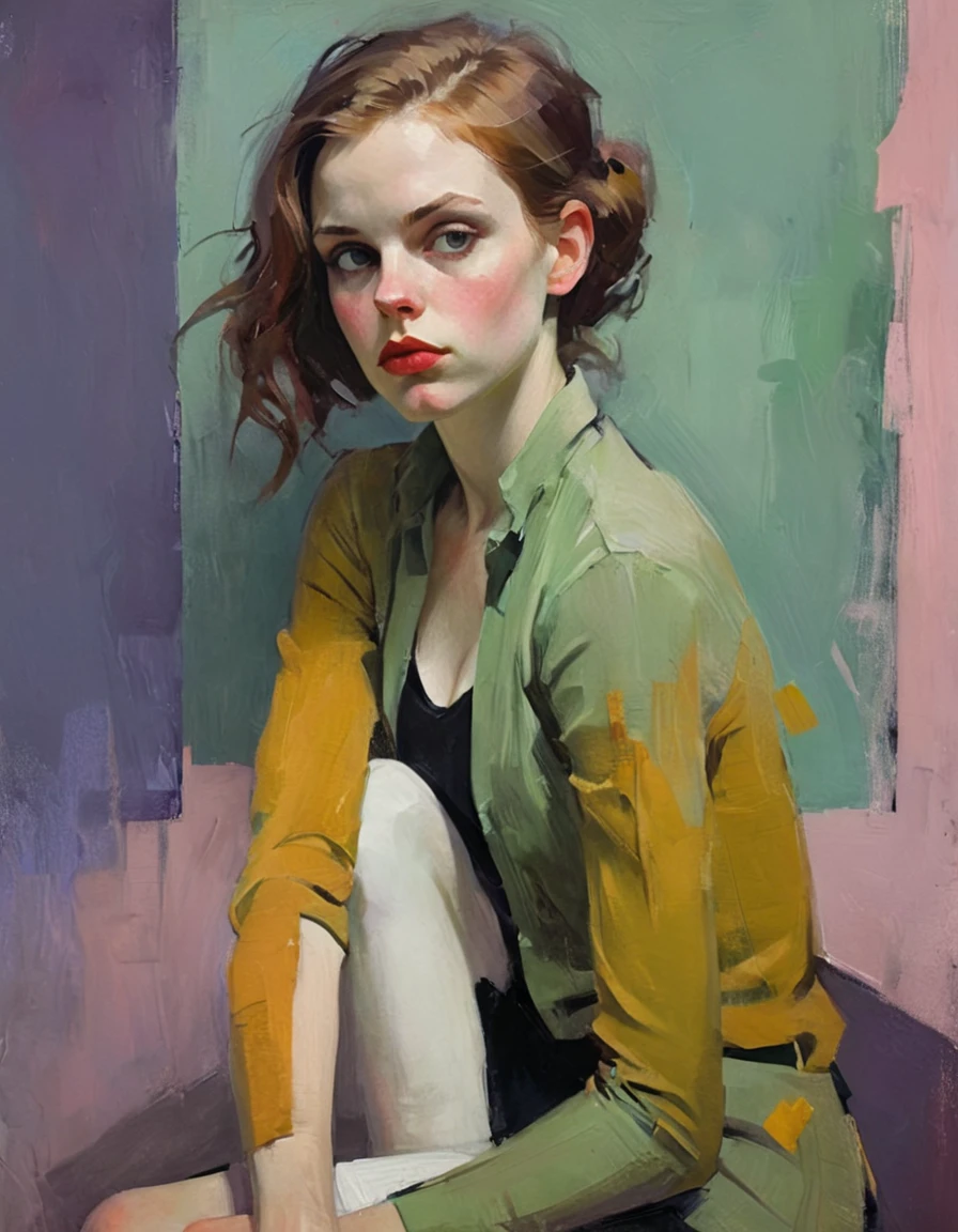 Create a portrait of a young woman in a semi-reclining pose with a pensive expression. Use a painterly style inspired by Malcolm Liepke, characterized by expressive brushstrokes and rich texture. Employ a color palette of muted greens, soft pinks, deep purples, and subtle flesh tones to evoke a sense of depth and emotion. The background should consist of abstract, textured layers in complementary colors, blending seamlessly with the figure. Pay attention to the contrast between the smooth, detailed rendering of the face and the rough, textured application of paint in the surrounding areas. Capture the delicate balance of vulnerability and strength in the subject's gaze and posture