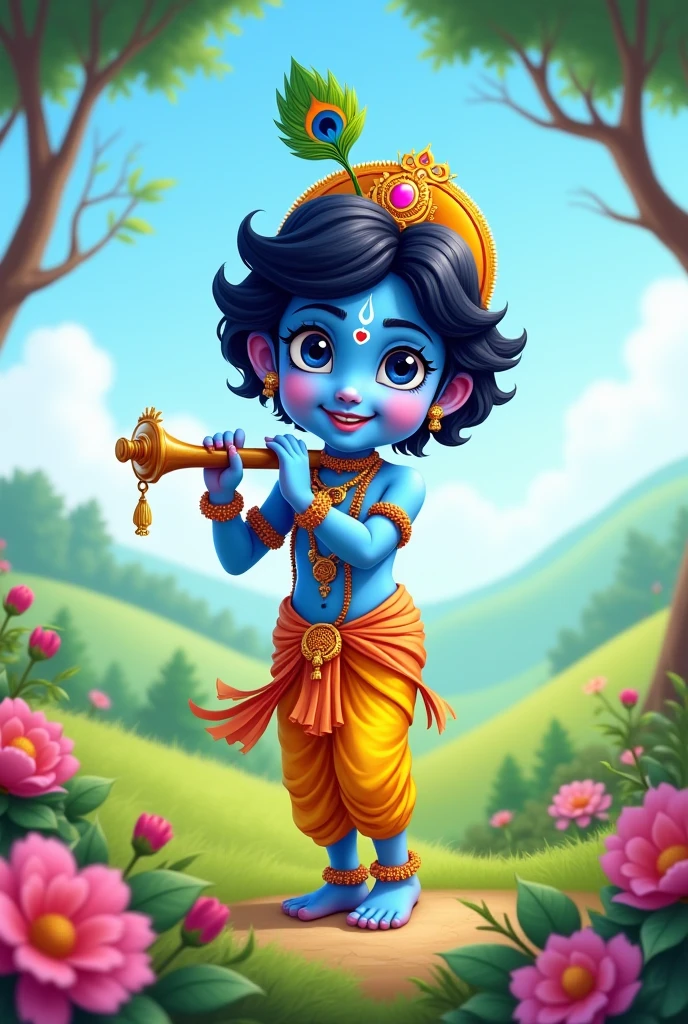 Lord Krishna, sitting on seesaw playing Bari in background solar panels