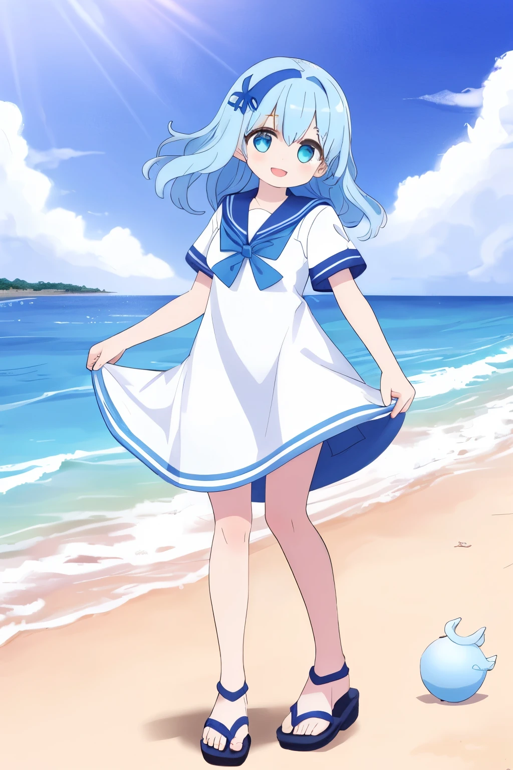 「 bright and energetic girl character 。 Her hair is semi-long with loose waves 、 Hair accessories with white seashells as motifs shine on their pale blue hair color 。 her eyes are a sparkling light blue 、She always has a smile on her face 、 features an expression that cheers up people around her 。 The clothes have a light sailor dress style design based on blue and white、 fresh outfit inspired by Hachi Beach 。 They are wearing sandal-style shoes perfect for a sandy beach 。, and the beautiful sandy beaches and blue ocean of Hisanohama spread out in the background 、 they are depicted picking up seashells and seagrass at the edge of the waves 。For healthy tanned skin、 and have a refreshing atmosphere that makes you feel the ocean breeze 、 that symbolizes the vibrancy and warmth of a fishing town 。」