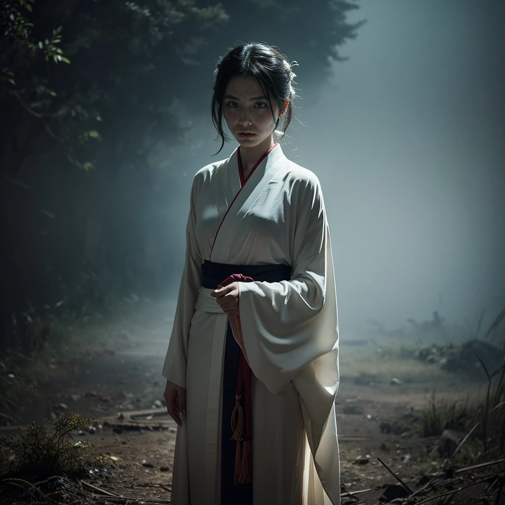 Ma Phae War, the ghostly lady from Burmese novels, wearing traditional yellow color Burmese blouse and Longyi blood stained in a chilling scene. Enveloped in an eerie mist, she stands near an ancient, overgrown cemetery, clutching a weathered coffin. Illuminate the scene with a pale, ghostly light, casting long shadows. Integrate subtle horror movie elements like ominous silhouettes, distorted trees, and a crescent moon looming in the night sky. Convey the spine-chilling atmosphere that defines Ma Phae War's spectral presence