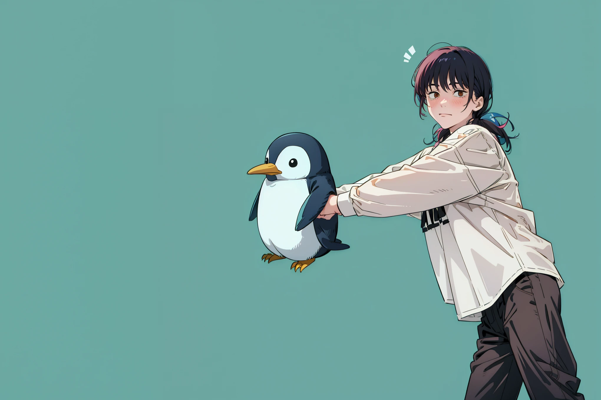 1boy, male focus, denji \(chainsaw man\), chainsaw man, 1girl, mitaka asa, chainsaw man,  (Sh1r3n:1.2), a cute girl, 1 girl, a cute girl, simple background, pink watercolor background, she is holding a stuffed penguin, she is giving a stuffed penguin to a boy.
girl dressed in a long-sleeved red shirt, tight black pants, looking to the side, blushing, shy.
1boy, male,1boy, a boy dressed in casual clothes, white shirt, dark pants, surprised