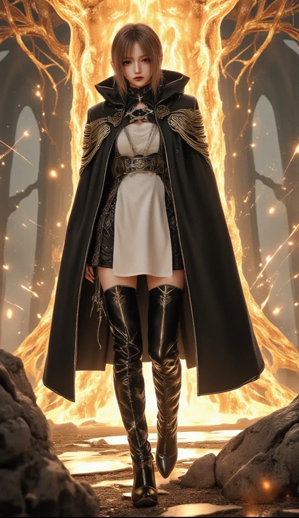 best quality, masterpiece, melina \(elden ring\),1 girl, solo, brown hair,medium short hair, black cloak with hood,orange eyes,(white Tunic:1.5),belt,boots,full body, ashes and sparks in the air, (closed left eyes:1.5),(Scar on left eyes:1.5), 8k, high resolution, ultra detailed, professional digital painting, epic cinematic lighting, trending on artstation, 4k, hyperrealism, focused, extreme details, unreal engine 5, cinematic, masterpiece,There is a large golden glowing tree that seems to reach out into the universe, There are huge, golden trees that seem to stretch out into the universe, huge trees are huge horizontally and the size of swallowing stars,A knife in one hand, attacking the camera, a done expression, full of dynamism.