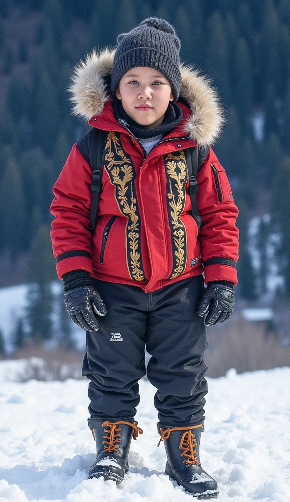 Draw a chubby cute boy,Stand in front of a hut in the snow。Goggles are worn on the forehead,Wear thick adventure clothing,The clothes are open to reveal the belly,Chubby 18 year old boy,The crotch protrudes,pupils,prominent pubis,Shy,The crotch protrudes,Protruding pubis,The crotch is raised