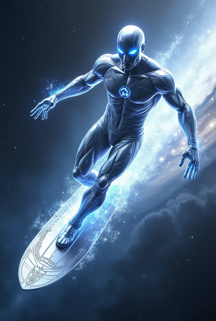 (masterpiece),best quality,8K,
ral-chrome,<lora:ral-chrome:1>,
A feature photo of Marvel superhero silver surfer,in deep space,with the blue earth ahead,