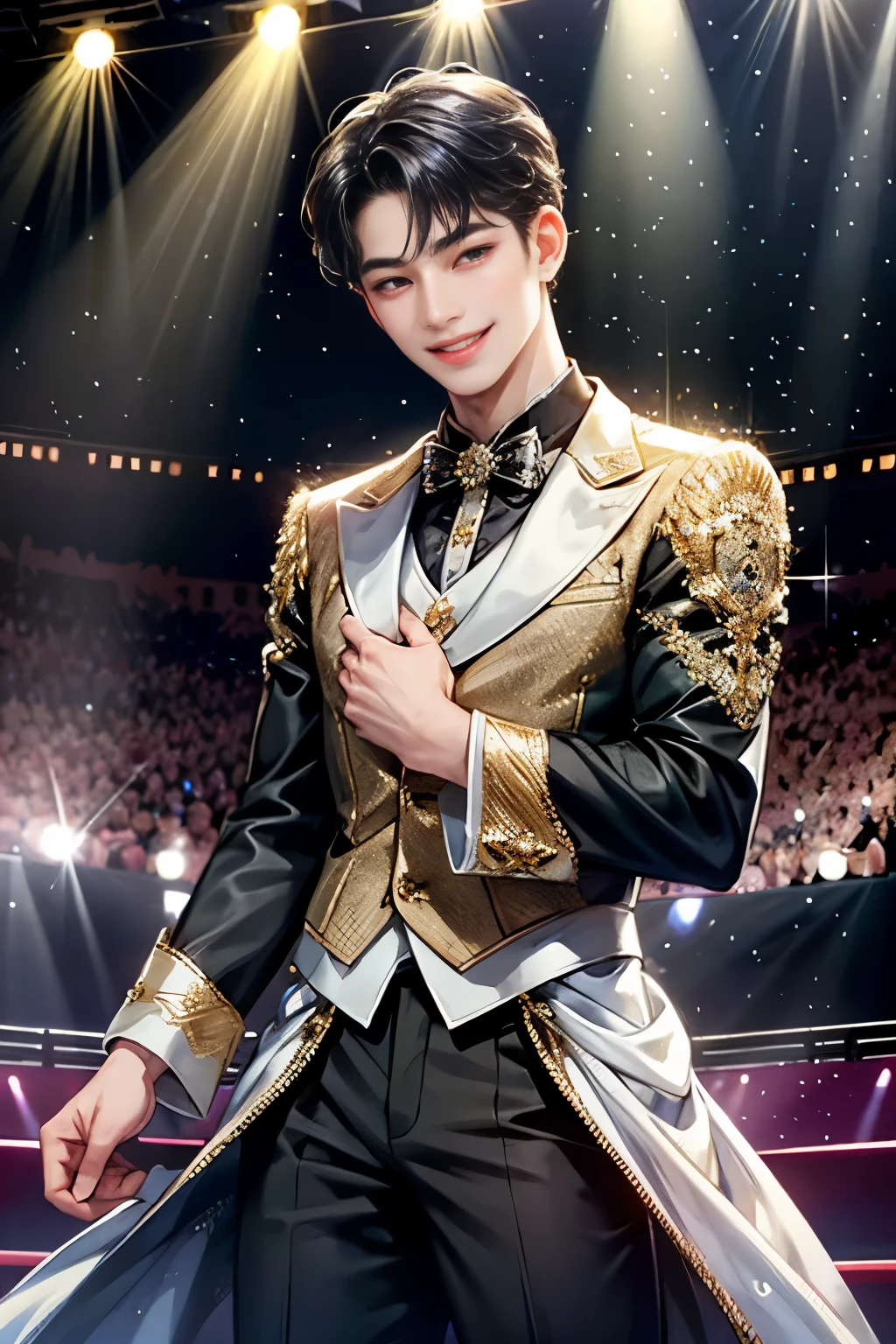 Sweet-faced man, black hair, wearing idol clothes, idol, looking at audience, front view, toothless smile, standing on stage, sparkling, spotlight, high detail, front, man, sweet man, male cloth, sparkling costume, male, big eyes